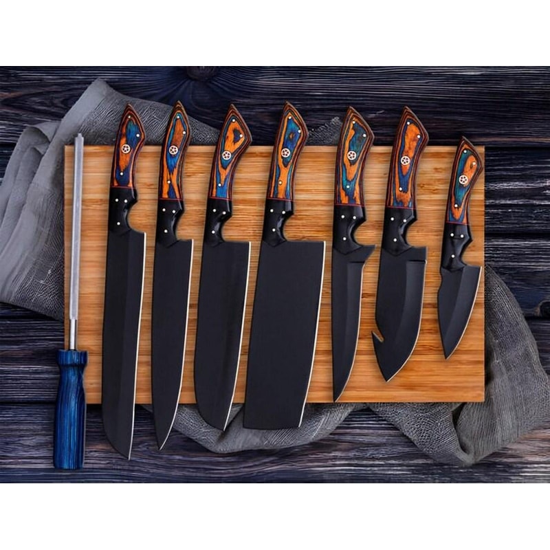 Professional Cooking Knife Set Handmade With Dark Blades And Comfortable Wood Handles 4