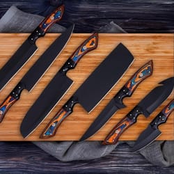 professional cooking knife set handmade with dark blades and comfortable wood handles