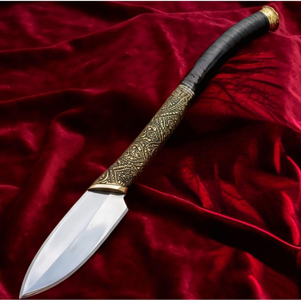 Handcrafted Viking Short Spear With Brass Engraving Leather Wrapped Handle 0