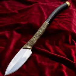 handcrafted viking short spear with brass engraving & leather wrapped handle