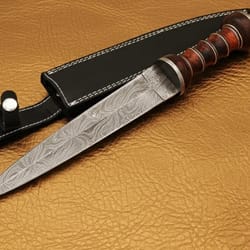 handcrafted damascus hunting knife custom fixed blade with leather sheath