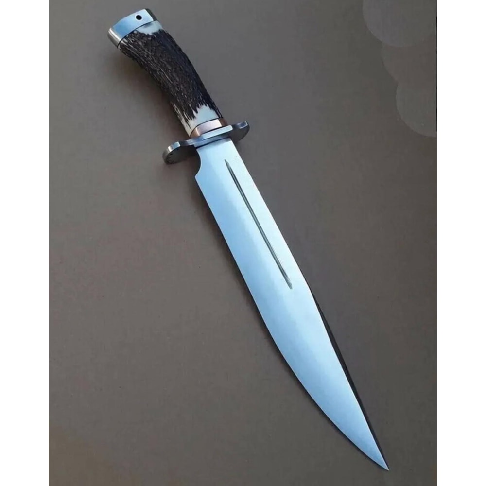 Handmade D2 Steel Bowie Knife With Stag Horn Handle Leather Sheath Gift For Hunters 0