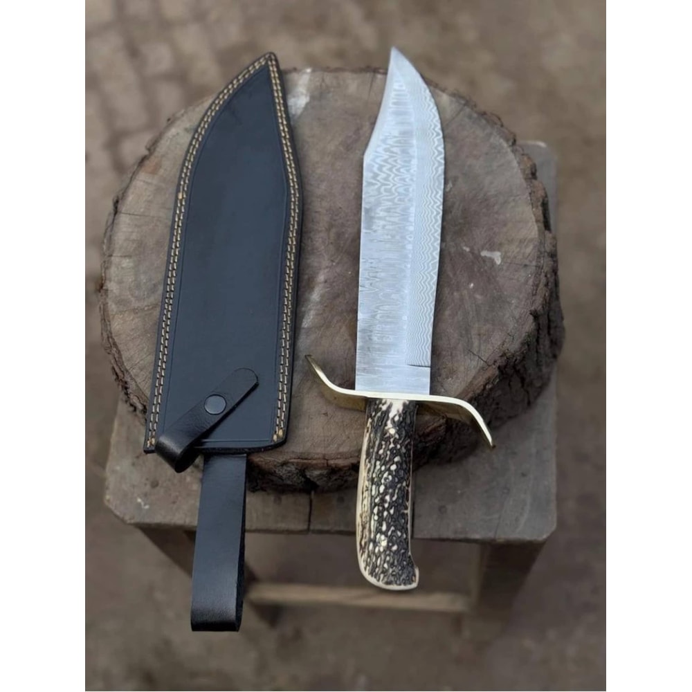 Handmade Damascus Bowie Knife Stag Horn Handle Leather Sheath Gift For Hunters 0