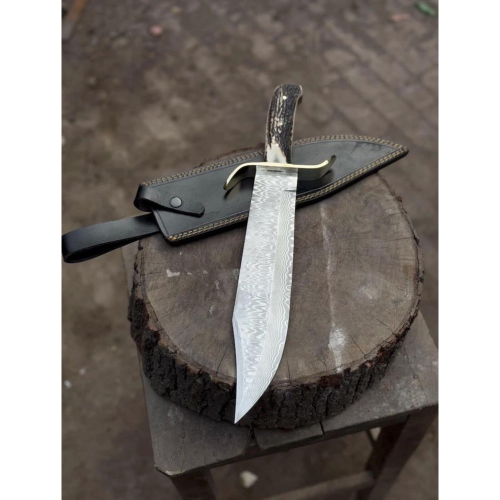 Handmade Damascus Bowie Knife Stag Horn Handle Leather Sheath Gift For Hunters 1