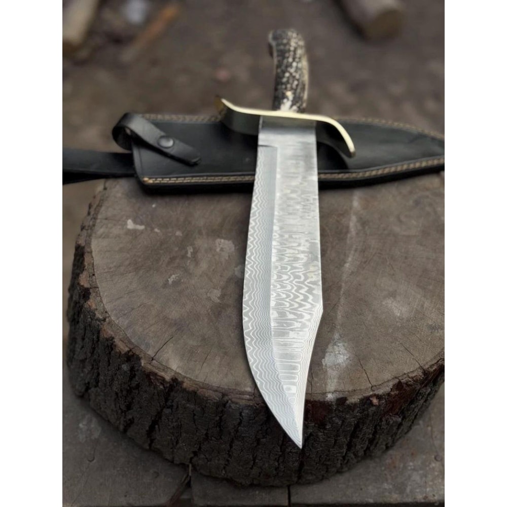 Handmade Damascus Bowie Knife Stag Horn Handle Leather Sheath Gift For Hunters 3