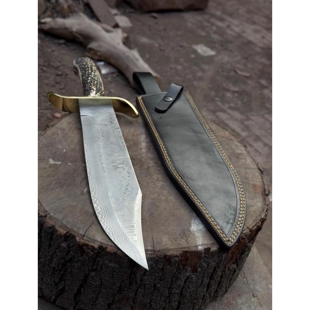 Handmade Damascus Bowie Knife Stag Horn Handle Leather Sheath Gift For Hunters 4