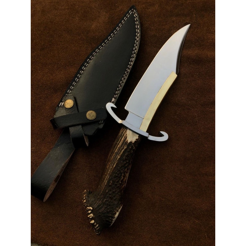 Western Style Bowie Knife Antler Handle Leather Sheath Gift For Hunters 1