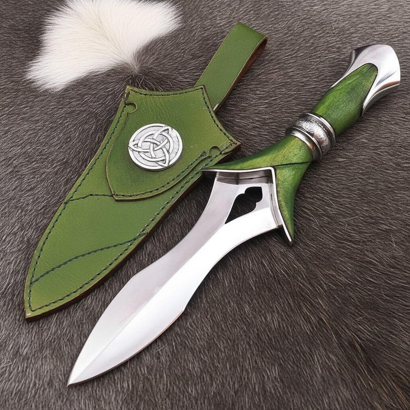 Hand Forged Celtic Knife With Triquetra Design Green Leather Sheath 0