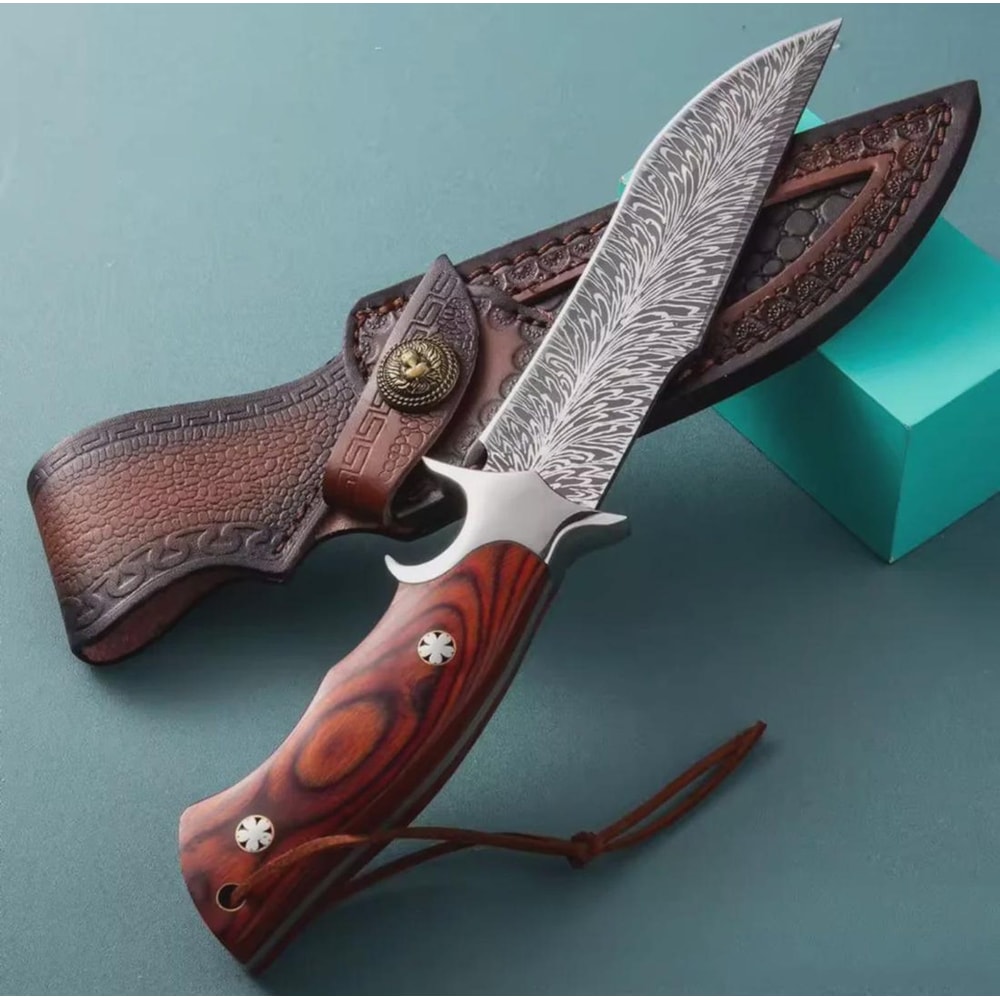 Hand Forged Damascus Steel Hunting Knife Full Tang Leather Sheath Gift For Hunters 1