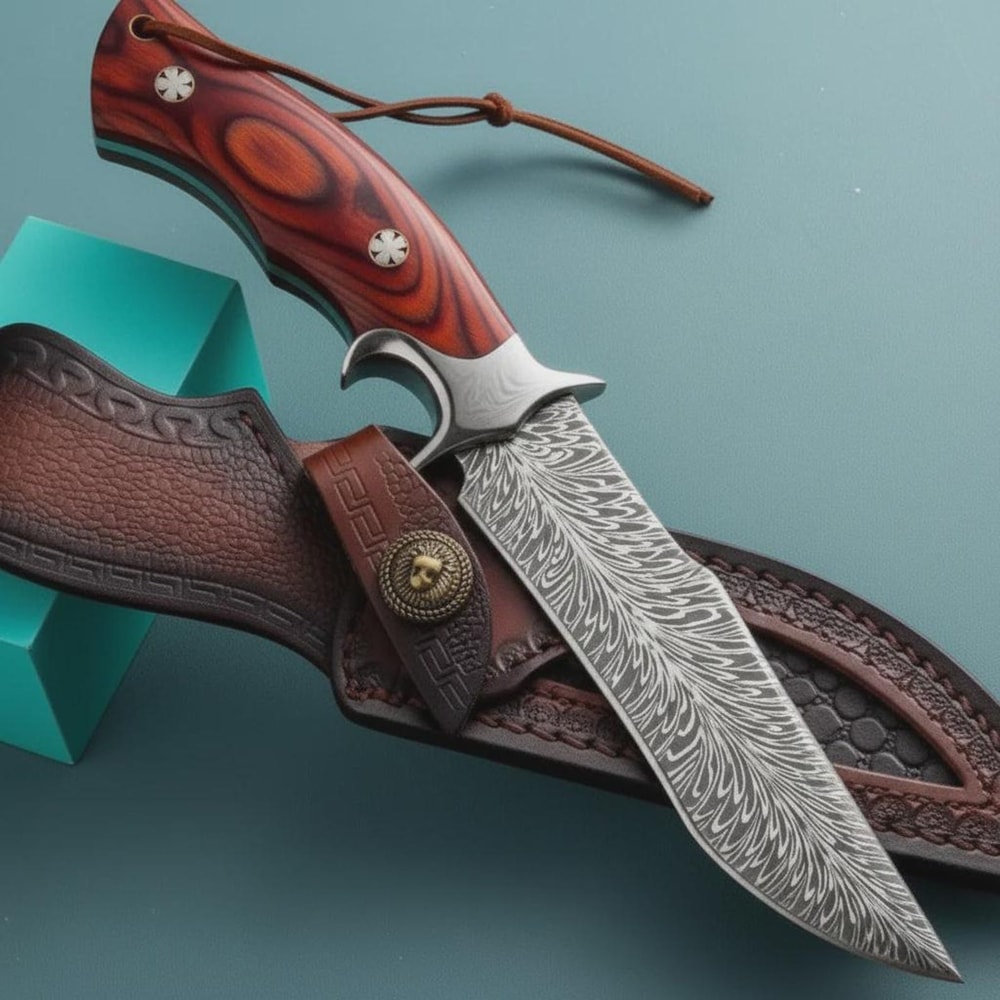 Hand Forged Damascus Steel Hunting Knife Full Tang Leather Sheath Gift For Hunters 0