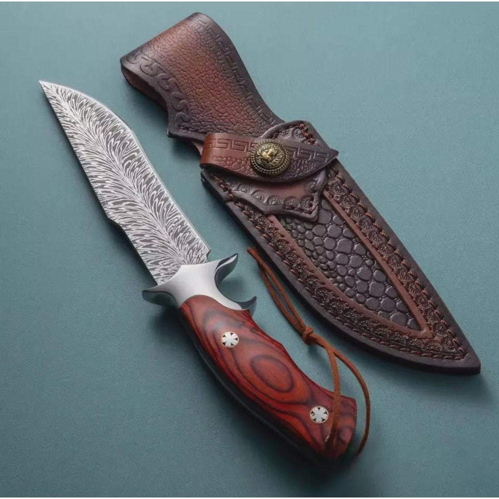 Hand Forged Damascus Steel Hunting Knife Full Tang Leather Sheath Gift For Hunters 2