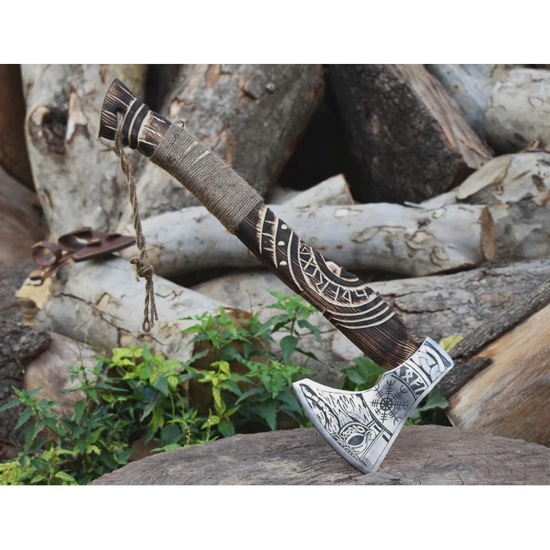 Hand Forged High Carbon Steel Viking Axe Norse Engravings 18 Inch Wooden Handle Gift For Men 2