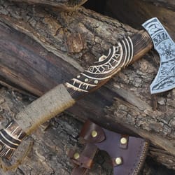 hand forged high carbon steel viking axe norse engravings 18 inch wooden handle gift for men