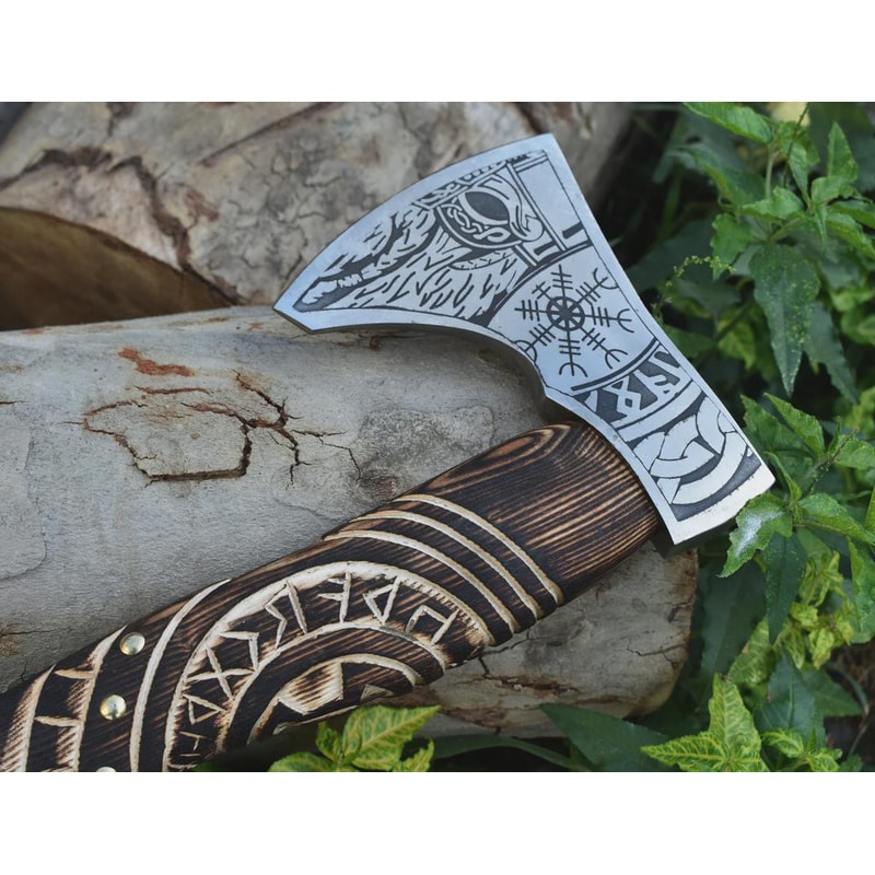 Hand Forged High Carbon Steel Viking Axe Norse Engravings 18 Inch Wooden Handle Gift For Men 3