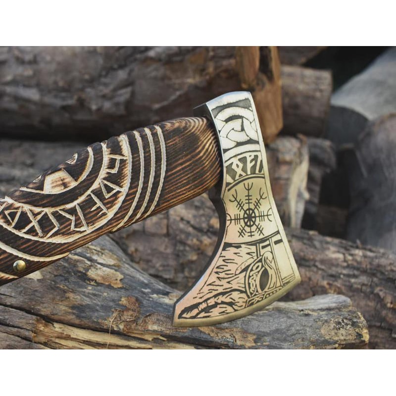 Hand Forged High Carbon Steel Viking Axe Norse Engravings 18 Inch Wooden Handle Gift For Men 4