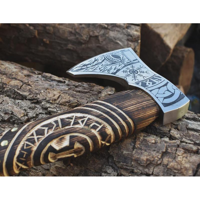 Hand Forged High Carbon Steel Viking Axe Norse Engravings 18 Inch Wooden Handle Gift For Men 5