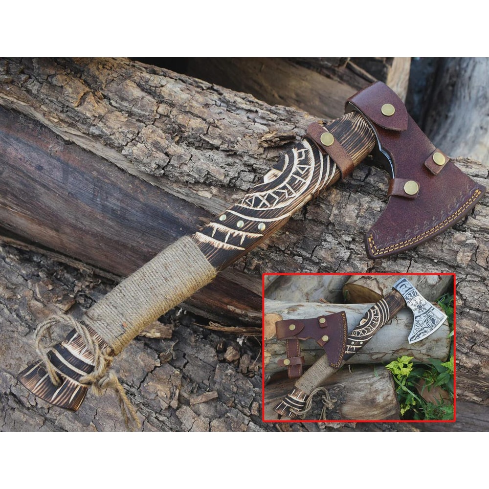 Hand Forged High Carbon Steel Viking Axe Norse Engravings 18 Inch Wooden Handle Gift For Men 6
