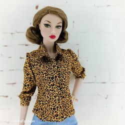 Leopard print blouse with three-quarter sleeves for Poppy Parker