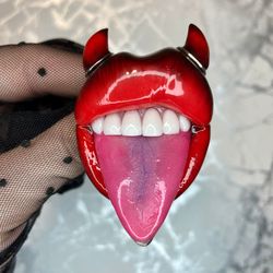 Polymer clay lip brooch Red Horns