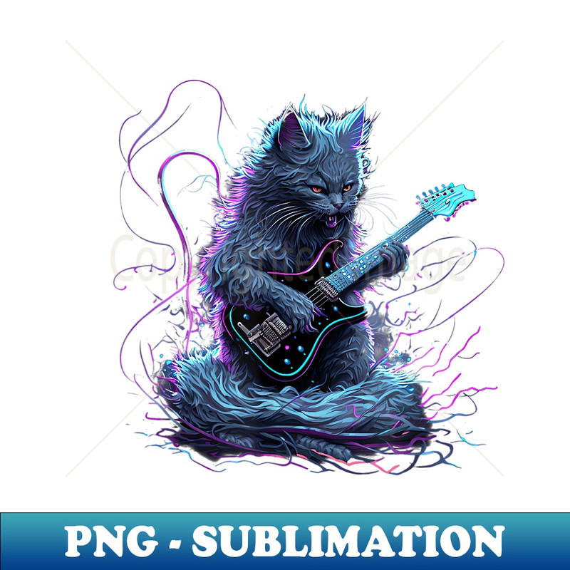Nebelung Cat Playing Electric Guitar Rock - Instant PNG Sublimation Download