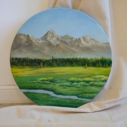 Original Landscape Painting, Oil On Canvas, Round Canvas Oil Painting, Mountain Painting, Spruce Forest Wall Decor
