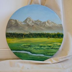 original landscape painting, oil on canvas, round canvas oil painting, mountain painting, spruce forest wall decor