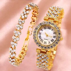Luxury Women Shiny Bracelet Watches 2pcs Set Rose Gold Watch