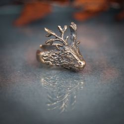 Heavy Deer viking ring. Man massive jewelry. Stag handcrafted ring. Animal totem. Man present. Norse scandinavian design