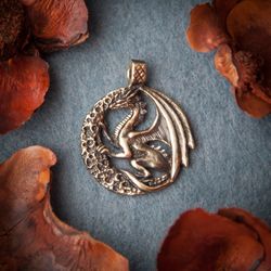 Moon Dragon pendant on leather cord. Pagan viking necklace. Handmade jewelry. Scandinavian style
