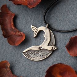 Whale leather necklace. Sea handcrafted jewelry. Ocean unique pendant. Stylish Fish art in brass.