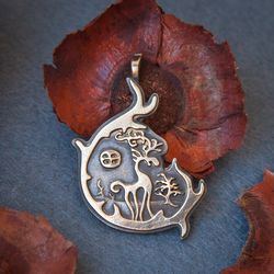 Deer leather necklace. Elk handcrafted jewelry. Scandinavian unique pendant. Stylish norse art in brass.