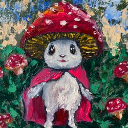 fantasy original art fly agaric painting white rabbir artwork small oil painting by artnastpos