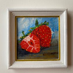 strawberry original art fruit painting small wall art with frame by artnastpos