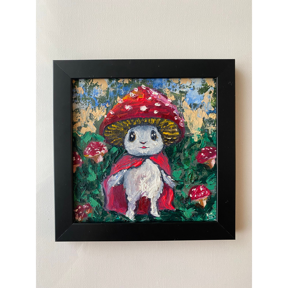 Fantasy Original Art Fly Agaric Painting White Rabbir Artwork Small Oil Painting By ArtNastPos 1