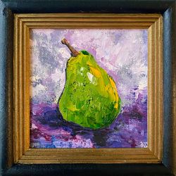 pear original art fruit painting small wall art with frame by artnastpos