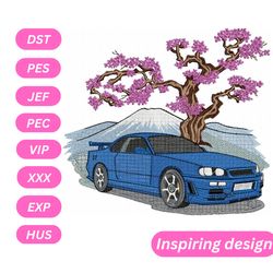 blue car flowers embroidery design, instant download, pes, dst, exp