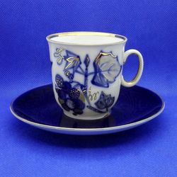 Lomonosov Cobalt Blue Coffee Cup & Saucer. Grape. Porcelain LFZ