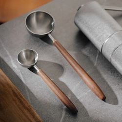 wooden handle stainless steel coffee scoop - tablespoon measuring spoon with long walnut handle for coffee and cafe use