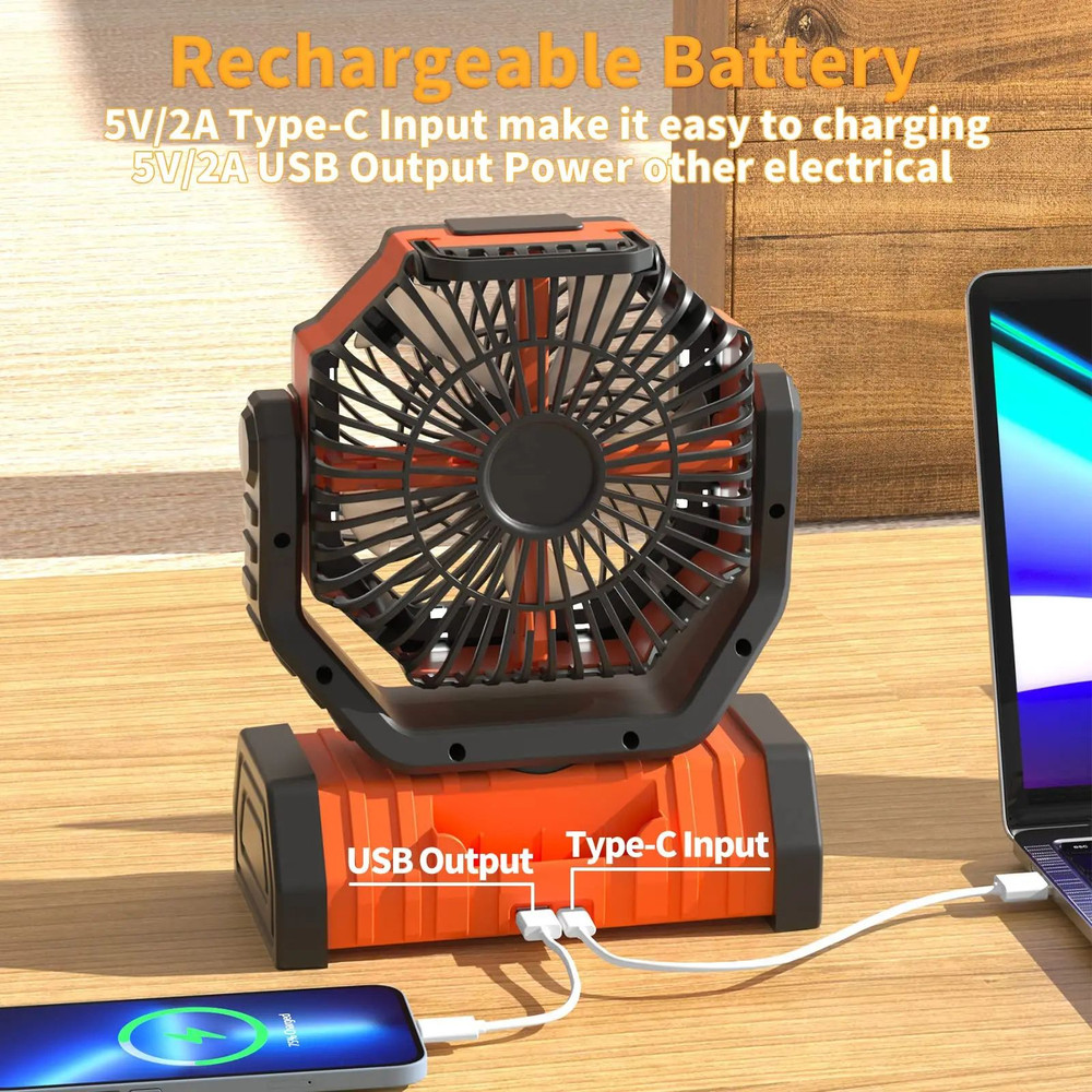20000mAh USB Rechargeable Camping Fan  Portable Wireless Tent Fan With LED Light 270 Head Rotation  1
