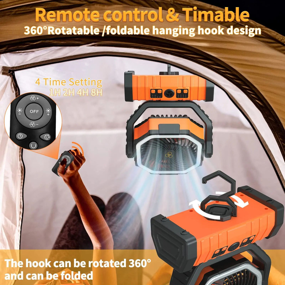 20000mAh USB Rechargeable Camping Fan  Portable Wireless Tent Fan With LED Light 270 Head Rotation  4