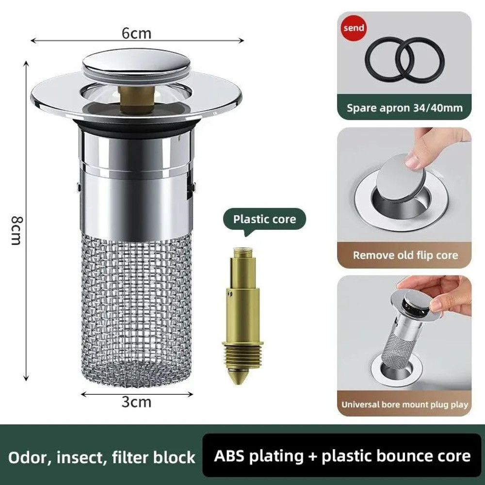Stainless Steel Press Type Sink Drain Stopper Washbasin Leak Plug Bouncing Core Odor Proof Universa 6