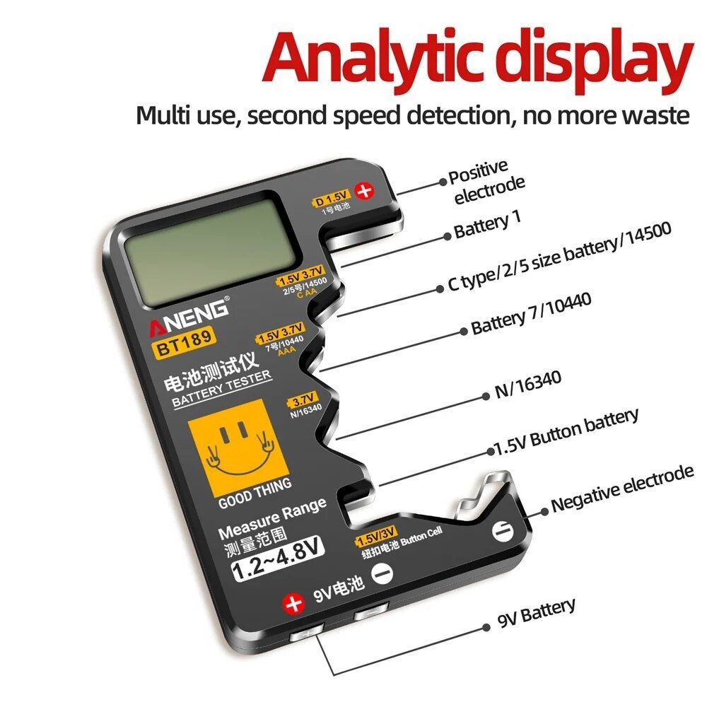 BT189 Universal LCD Battery Tester 9V AA AAA C D N  Button Cells Checker