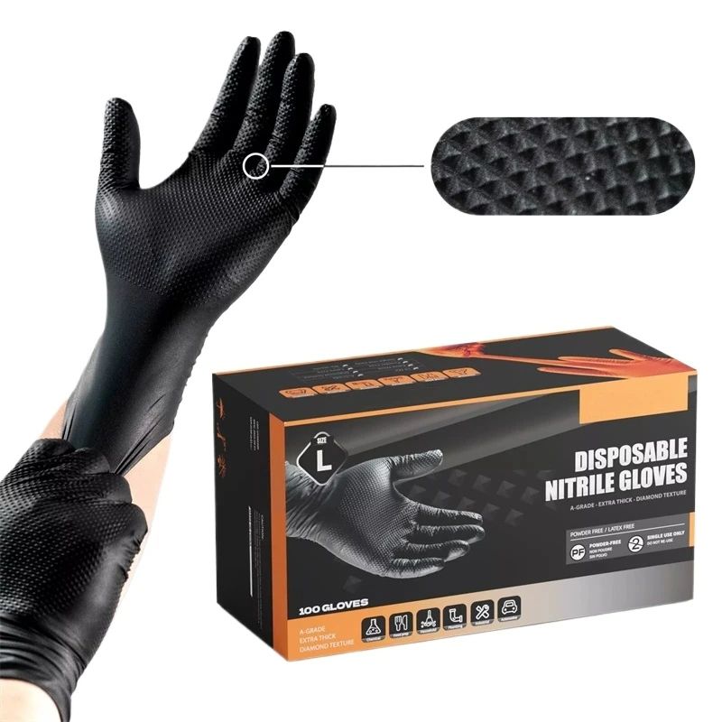 Industrial Black Nitrile Gloves Heavy Duty Disposable Gloves With Diamond Textured Grip Ideal For M 0