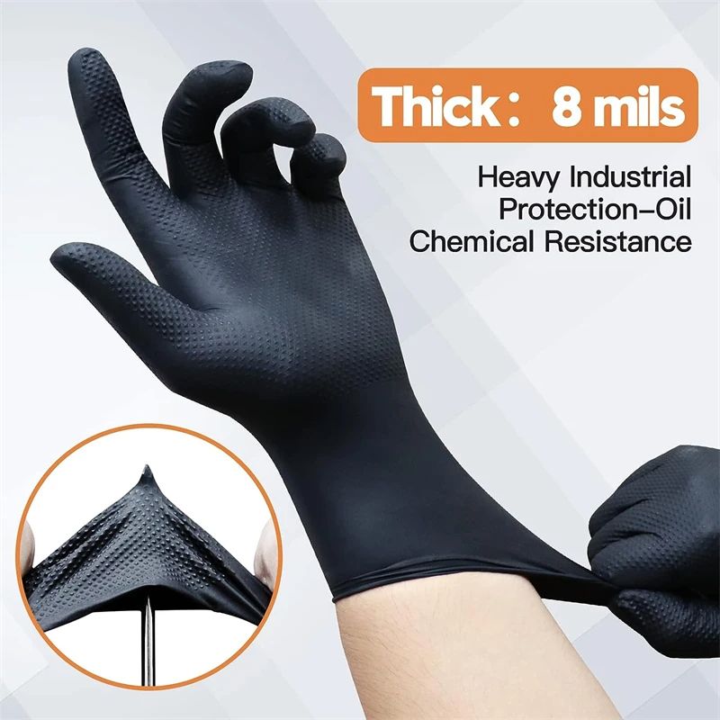 Industrial Black Nitrile Gloves Heavy Duty Disposable Gloves With Diamond Textured Grip Ideal For M 1