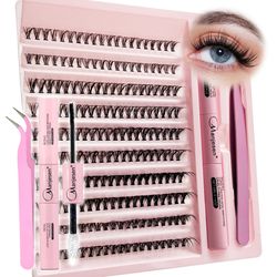 lash extension kit, cluster eyelashes with bond and seal, complete home eyelash extension set with applicator tools