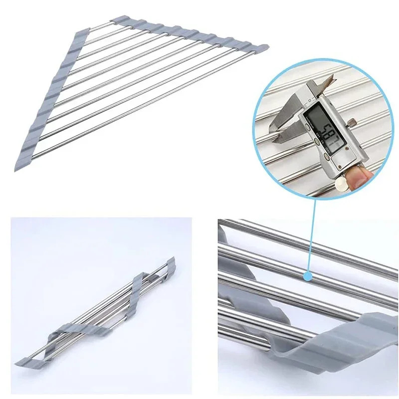 Foldable Triangle Dish Drying Rack Stainless Steel Over Sink Kitchen Organizer  Sponge Holder 3