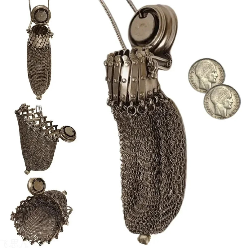 Vintage 1920s Handmade English Coin Purse Stainless Steel Double Mesh Chain Bag 2