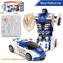 blue children's collision deformation police car toy, inertia impact, one-button transforming vehicle for boys