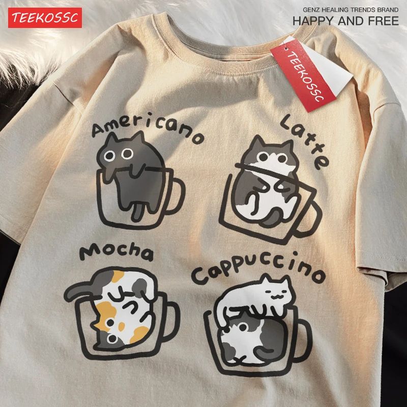 Cat Coffee Pure Cotton Trendy Summer Loose Short Sleeve TShirt For Men  Women  Original Mocha Latte 1