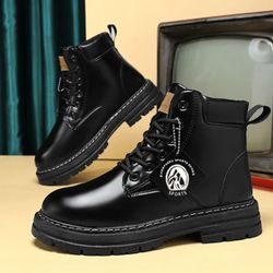 men's high-top leather motorcycle ankle boots, winter fashion lace-up combat footwear